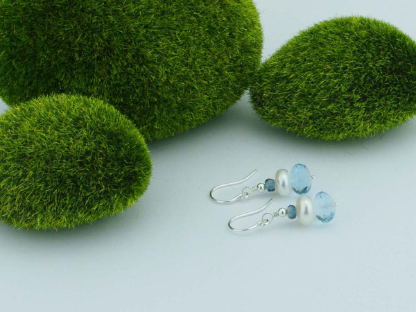 Topaz Dream Earrings - Swiss Blue and London Blue Topaz with Pearl, Sterling Silver