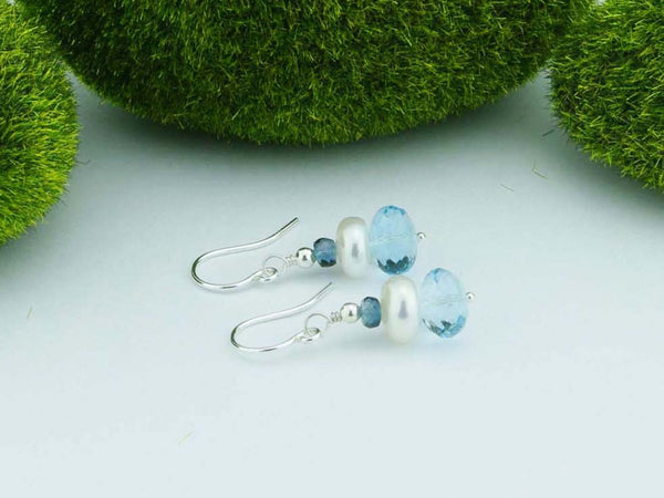 Topaz Dream Earrings - Swiss Blue & London Blue Topaz & Pearl, Sterling Silver