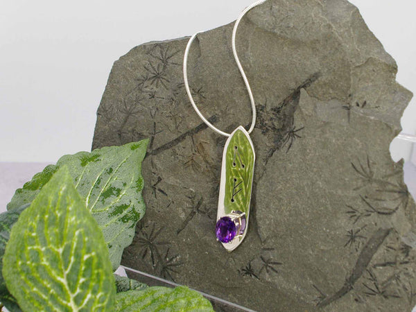 Amethyst Oval Runic Sterling Silver Pendant Necklace