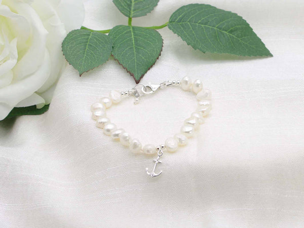 White baroque pearl bracelet with silver anchor charm from Jewellery by Linda