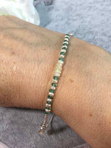 Opal Emerald and Pearl Sterling Silver Slider Bracelet