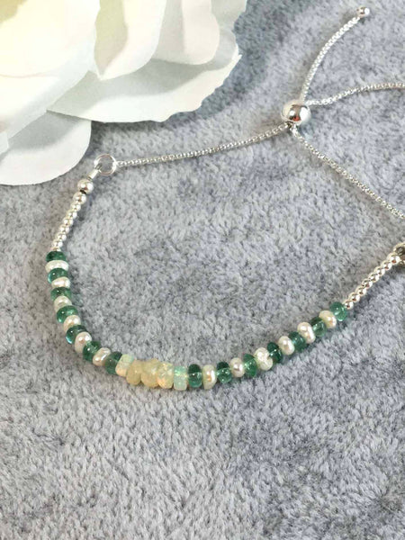 Opal Emerald and Pearl Luxury Sterling Silver Slider Bracelet