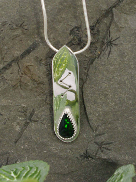 Rune necklace and black opal with green flashes sterling silver
