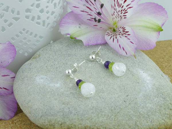 Crackle Earrings - Sterling Silver with Amethyst, Peridot, Quartz