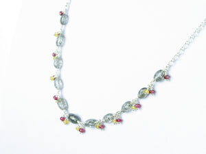 Elegance necklace. Rutile quartz, yellow sapphire, red spinel, sterling silver.