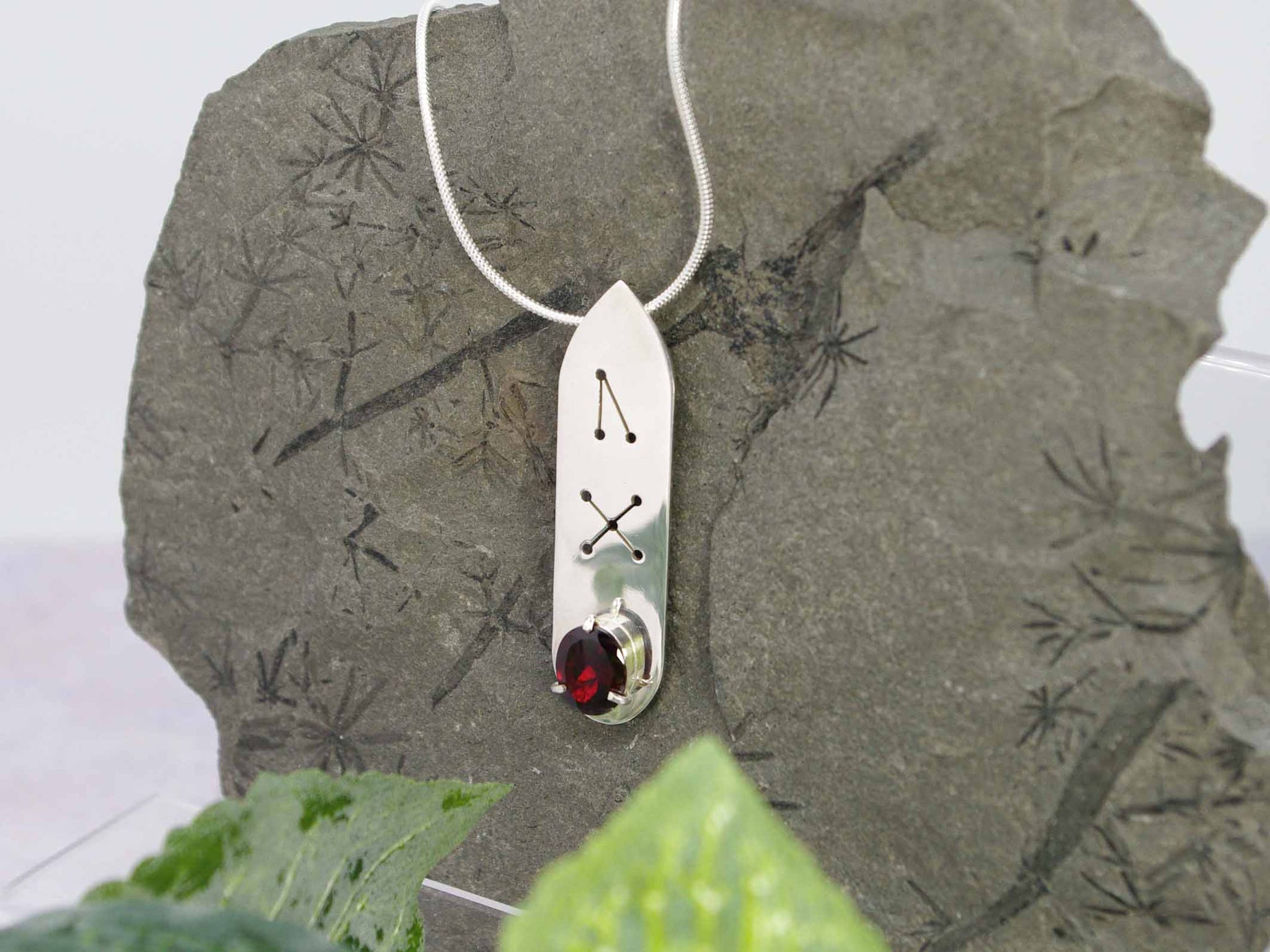 Garnet Oval Runic Sterling Silver Necklace