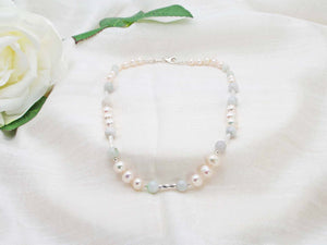 Luxury opulent strand of hand knotted pearls with jadeite and sterling silver tubes. From Jewellery by Linda