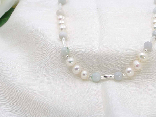 Luxury opulent strand of lustrous hand knotted pearls with glossy rounds of jadeite and sterling silver twisted tubes. From Jewellery by Linda