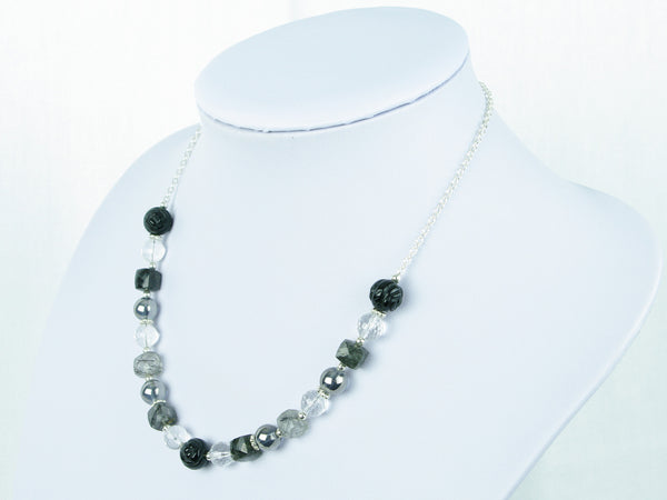 Mono Necklace - Carved Black Agate, Tourmalinated Quartz, Quartz