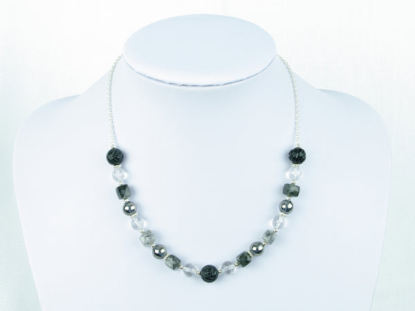 Mono Necklace - Carved Black Agate, Tourmalinated Quartz & Quartz