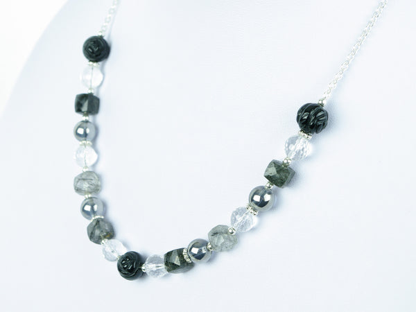 Mono Necklace - Carved Black Agate, Tourmalinated Quartz with Quartz