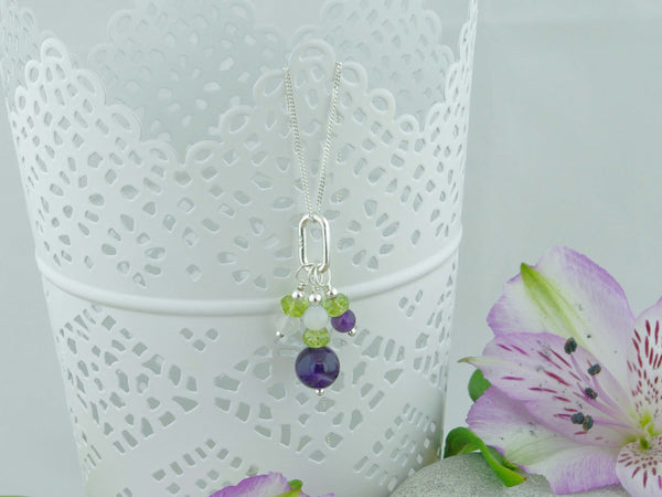 On the Ring Necklace from Jewellery by Linda - Amethyst, Peridot, Quartz Silver Necklace