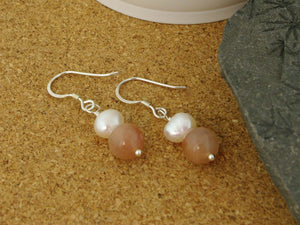 Peaches & Cream Earrings - Cultured Pearl and Peach Moonstone Silver Earrings from Jewellery by Linda