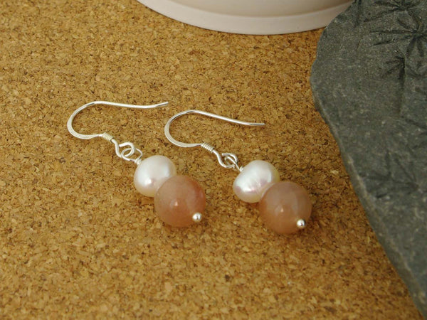 Peaches & Cream Earrings - Cultured Pearl and Peach Moonstone Silver Earrings from Jewellery by Linda