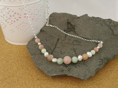 Peaches & Cream Necklace - Cultured Pearl, Jadeite and Peach Moonstone Silver Necklace from Jewellery by Linda