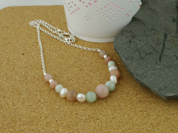 Peaches & Cream Necklace - Cultured Pearl, Jadeite and Peach Moonstone Silver Necklace. Jewellery by Linda