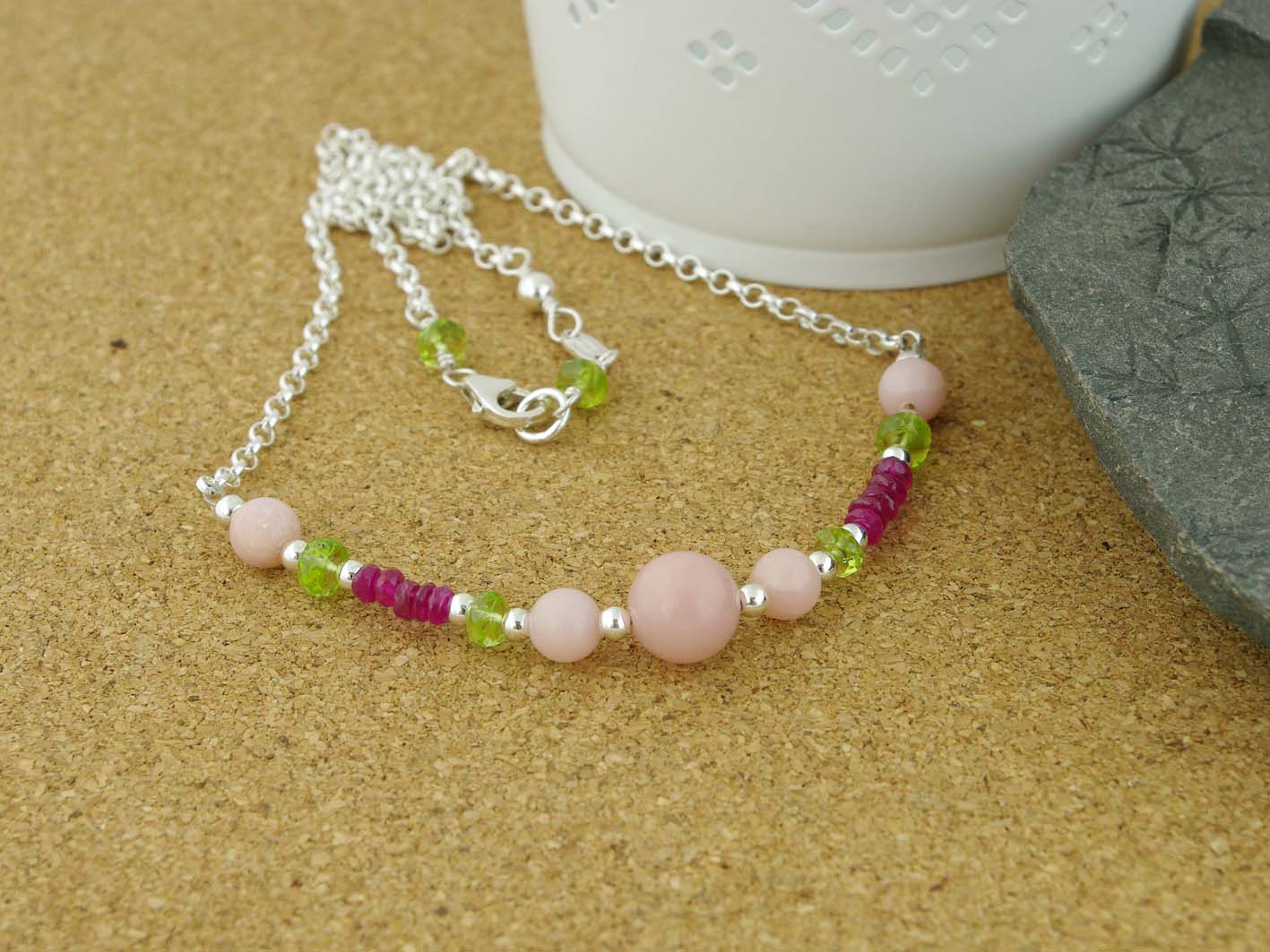 Pink Opal Necklace - Pink Opal, Ruby, Peridot