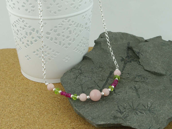 Pink Opal Necklace - Pink Opal, Ruby and Peridot