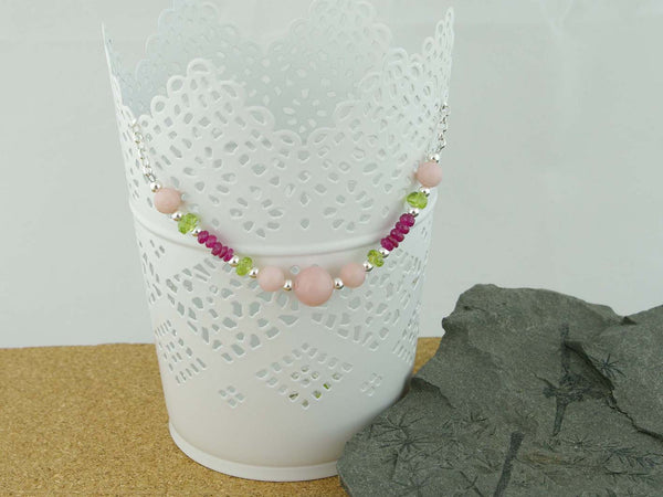Pink Opal Necklace - Pink Opal, Ruby, Peridot sterling silver handmade necklace