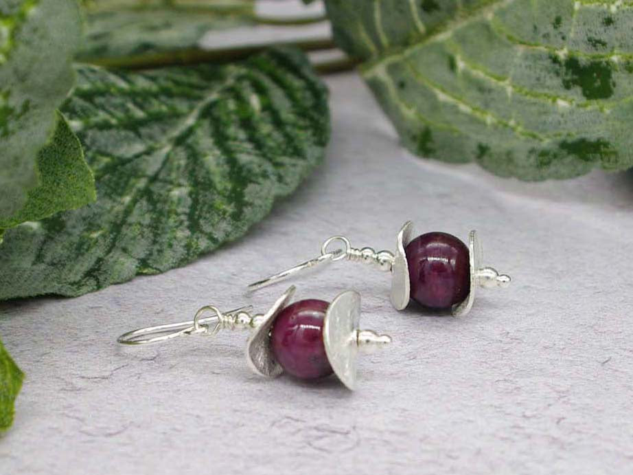 Ruby Discs Earrings - Ruby with Sterling Silver Curved Discs