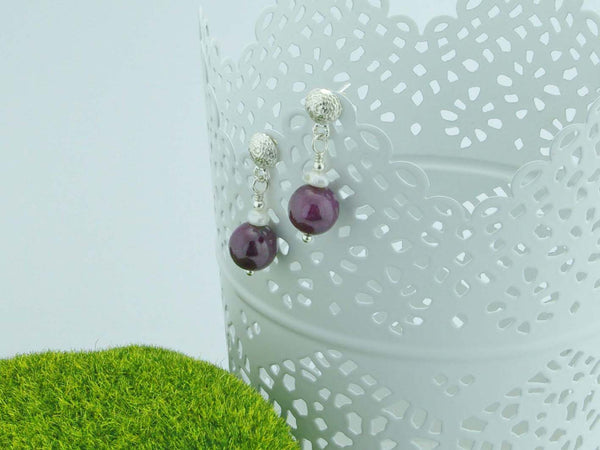 Ruby Round Earrings - Ruby with Pearl, Sterling Silver