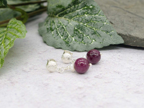 Ruby Round Earrings - Ruby and Pearl, Sterling Silver