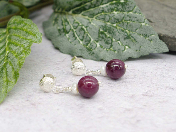Ruby Round Earrings - Ruby and Pearl on Sterling Silver