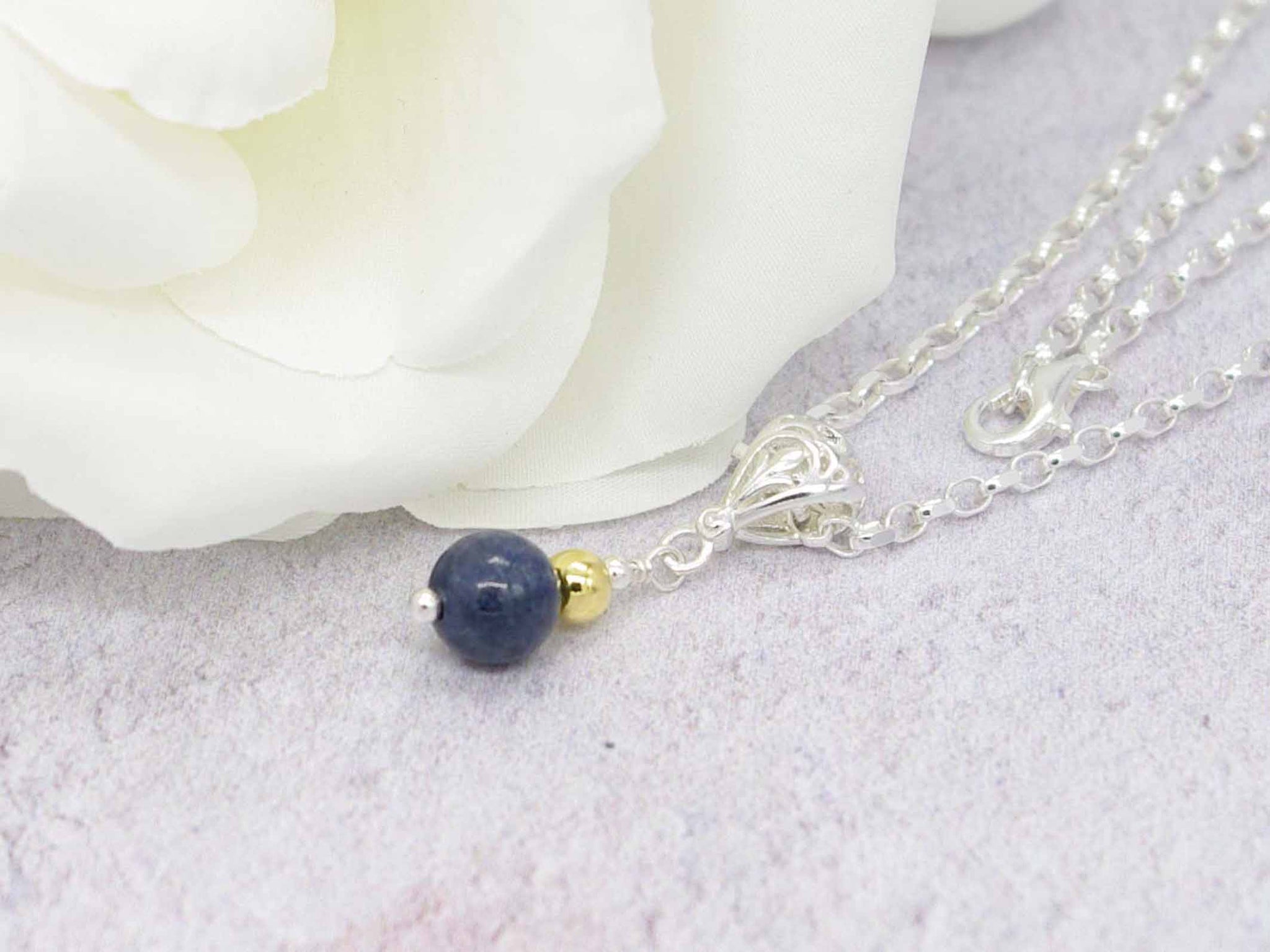 Sapphire Sphere - Sapphire Sterling Silver Filigree Bail Necklace