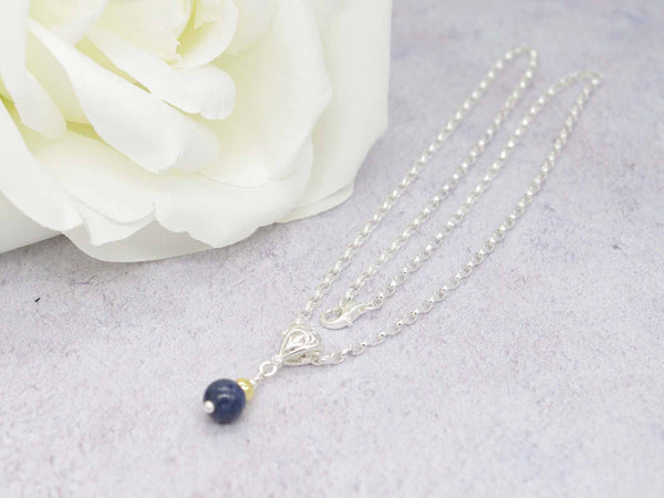 Sapphire Sphere - Sapphire  & Sterling Silver Filigree Bail Necklace