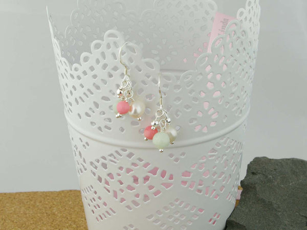 Serenity Earrings - Exquisite Pearl, Jadeite and Coral Sterling Silver Earrings. Pearls Collection at Jewellery by Linda