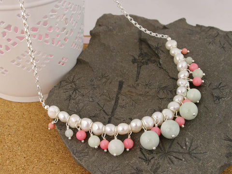 Serenity Necklace - Exquisite Pearl, Jadeite and Coral Sterling Silver Necklace from Jewellery by Linda