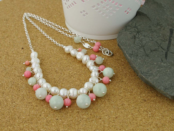 Serenity Necklace - Exquisite Pearl, Jadeite & Coral Sterling Silver Necklace.  Jewellery by Linda