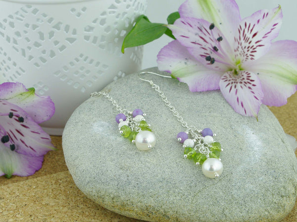 Sweeping Cluster Earrings - Pearl, Peridot, Lilac Opal, Sterling Silver from Jewellery by Linda