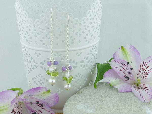 Sweeping Cluster Earrings - Pearl, Peridot, Lilac Opal and Sterling Silver