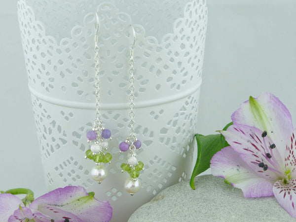 Jewellery by Linda Sweeping Cluster Earrings - Pearl, Peridot, Lilac Opal on Sterling Silver