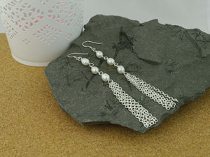 Tassel Earrings - Stylish Pearl & Tassel Shoulder Duster Sterling Silver Earrings. Pearls Collection, Jewellery by Linda